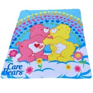 Vintage Care Bears Fleece Blanket Blue Yellow Pink
